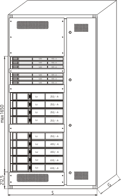 Widok elewacji szafy odbiorczej z rozłącznikami listwowymi SL poziomo