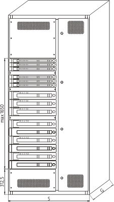 Widok elewacji szafy odbiorczej z rozłącznikami z bezpiecznikami typu XR z bezpiecznikami